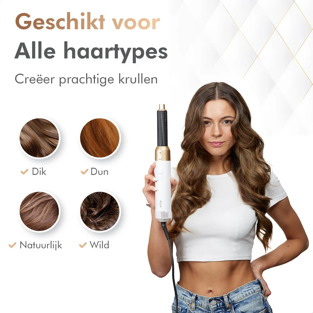 Dryze Airstyler Crème White/gold - Krultang - Föhn - Airwrap - Föhnborstel En Stijltang In 1 - Afbeelding 3