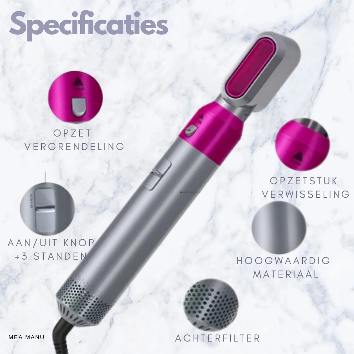 Mea Manu® - Airwrap - Krultang 5 In 1 – Föhnborstel - Hetelucht Borstel - Stijlborstel - Valentijn Cadeautje Voor Haar - Haardroger - Airstyler - Elektrische Krultang 5 In 1 - Krulborstel – Haarborstel Electrisch - Ionische Haardroger - Afbeelding 3