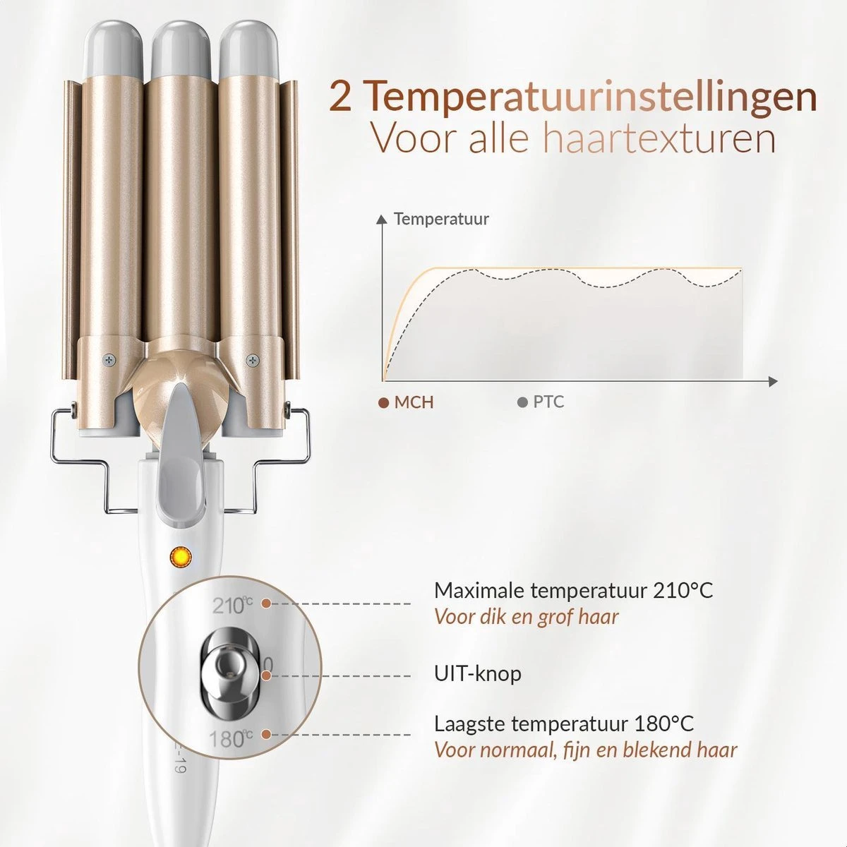 Rock&Rose Wafeltang Haar - Inclusief Gratis Haarborstel - Beach Waves Krultang - Golvenkrultang - Wave Krultang - Wit / Beige - Afbeelding 3