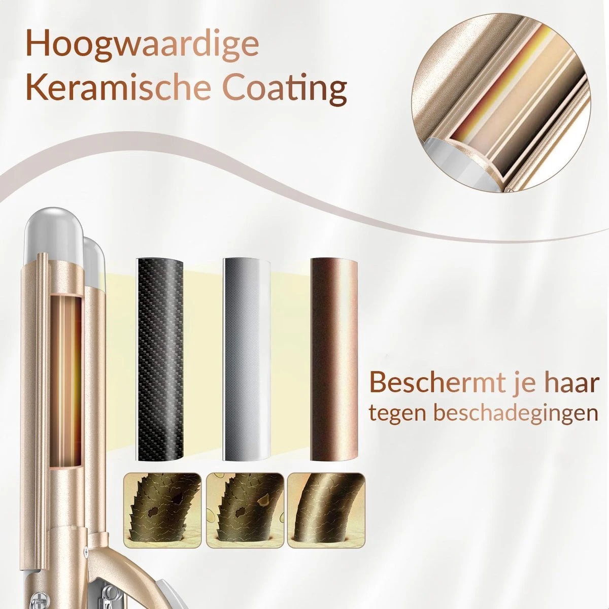 Rock&Rose Wafeltang Haar - Inclusief Gratis Haarborstel - Beach Waves Krultang - Golvenkrultang - Wave Krultang - Wit / Beige - Afbeelding 4