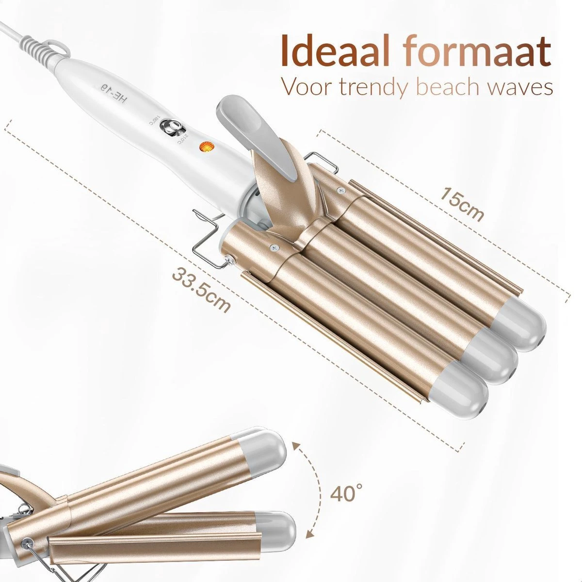Rock&Rose Wafeltang Haar - Inclusief Gratis Haarborstel - Beach Waves Krultang - Golvenkrultang - Wave Krultang - Wit / Beige - Afbeelding 5