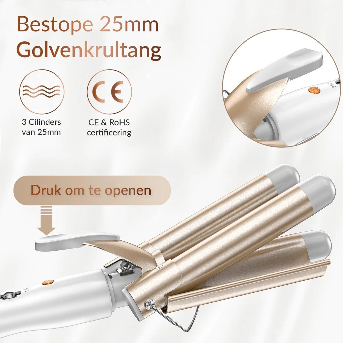 Rock&Rose Wafeltang Haar - Inclusief Gratis Haarborstel - Beach Waves Krultang - Golvenkrultang - Wave Krultang - Wit / Beige - Afbeelding 6