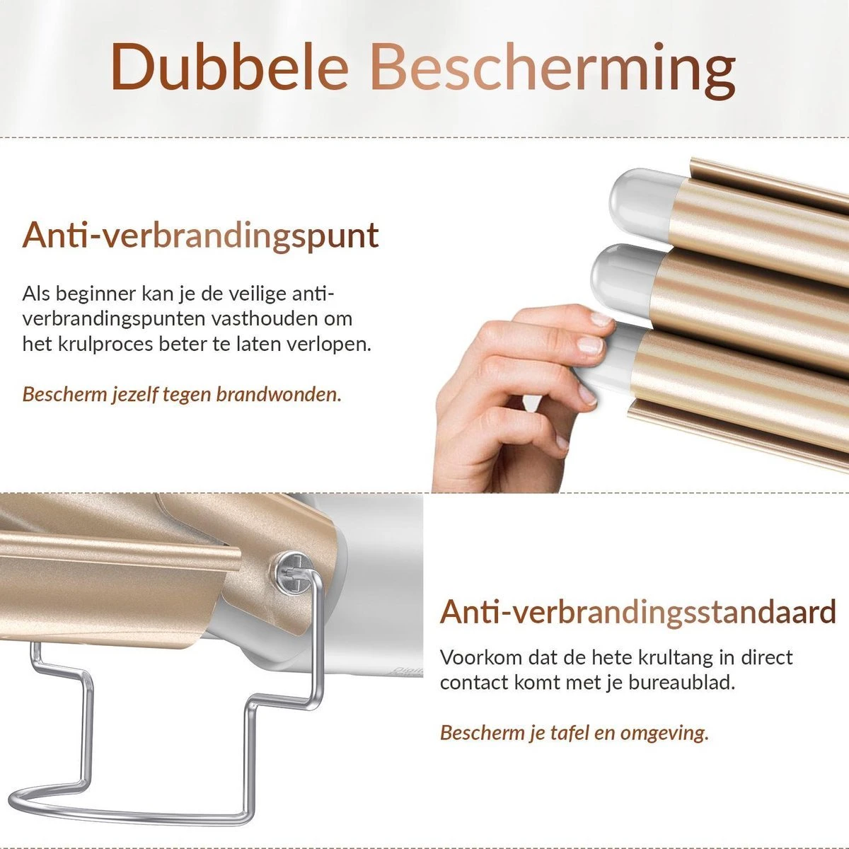 Rock&Rose Wafeltang Haar - Inclusief Gratis Haarborstel - Beach Waves Krultang - Golvenkrultang - Wave Krultang - Wit / Beige - Afbeelding 7