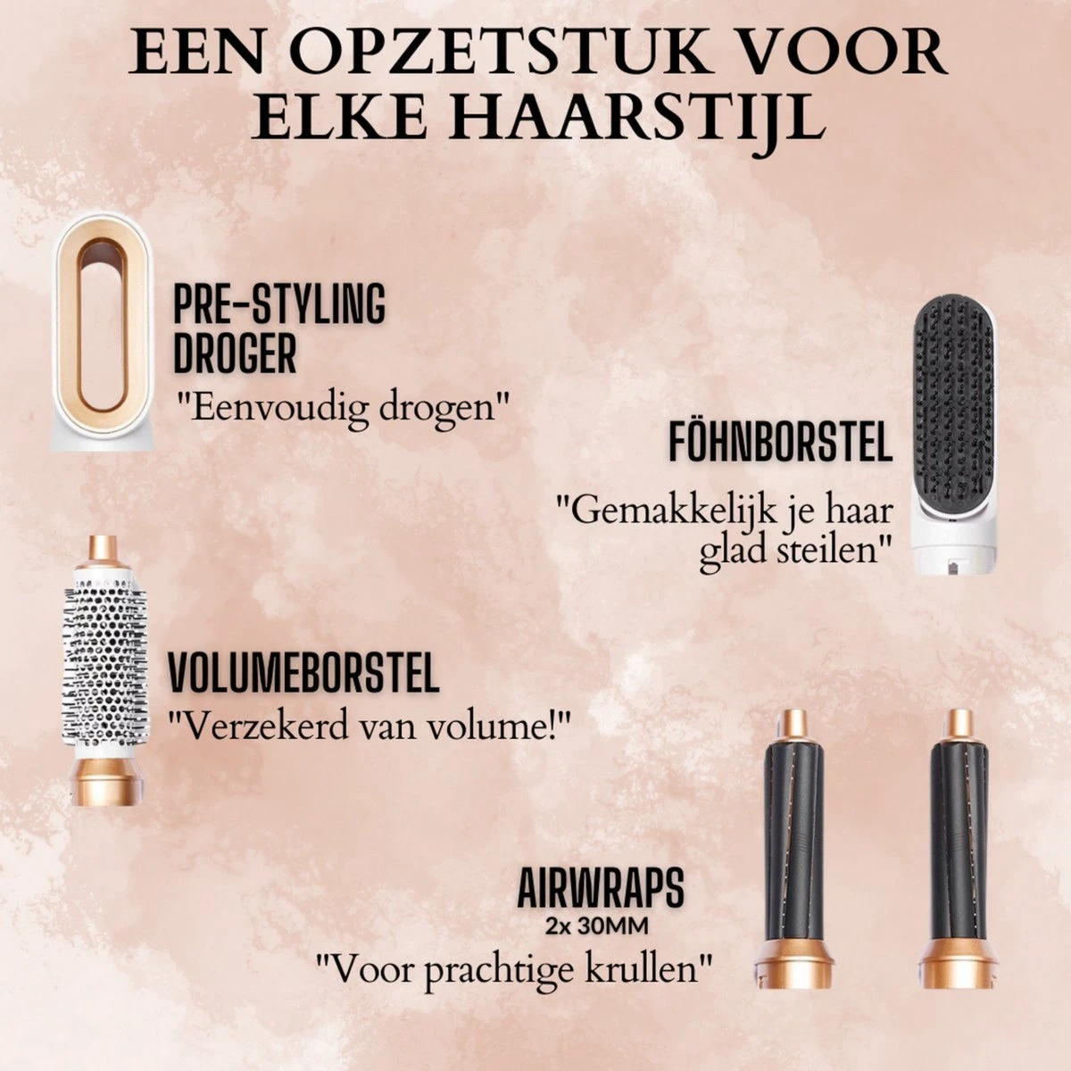 Glamour Airwrap 5 In 1 - Krultang - Föhnborstel - Stijltang - Multistyler - Krulborstel - Luxe Cadeau Set - 2023 Edition White/Gold - Afbeelding 5