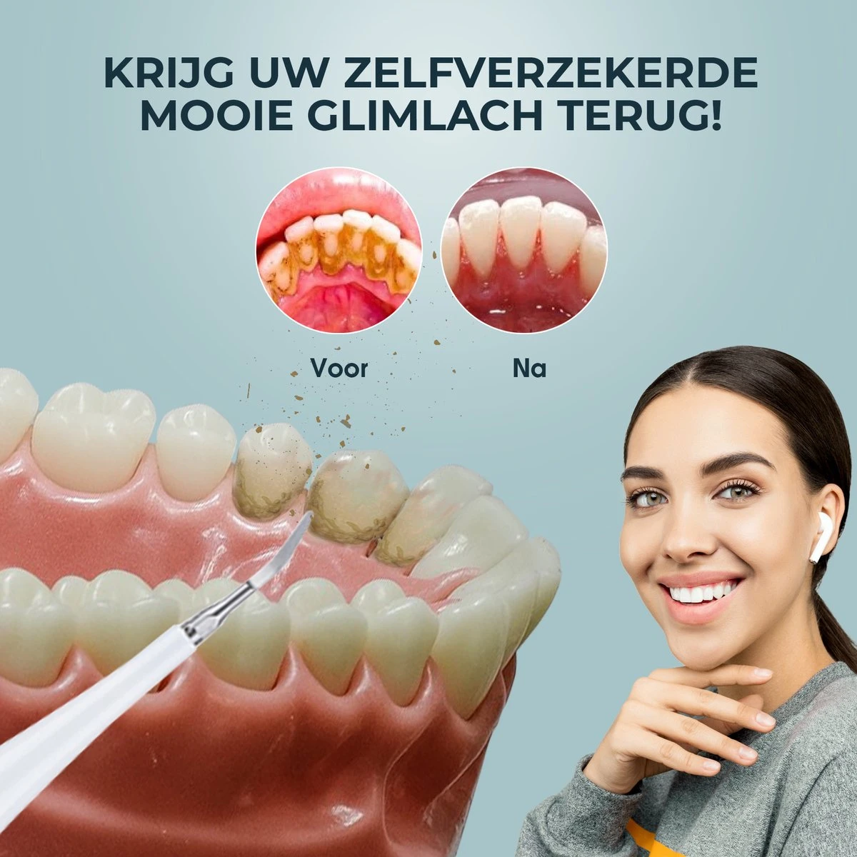 Merkloos Tandsteen Verwijderaar Elektrisch – Tandenborstel Opzetstukken - Tandarts Spiegel - 5 Standen -Wit - Afbeelding 5