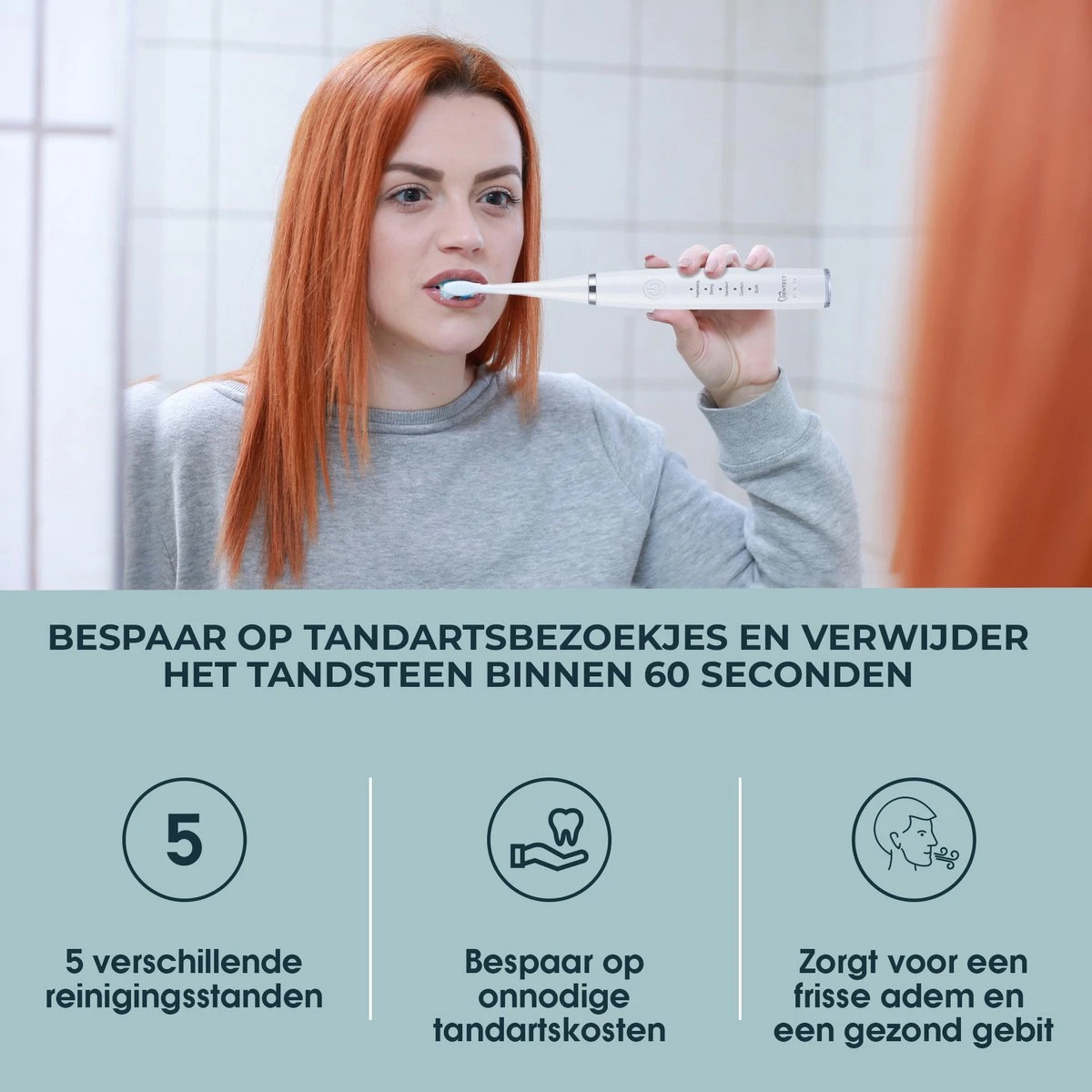 Merkloos Tandsteen Verwijderaar Elektrisch – Tandenborstel Opzetstukken - Tandarts Spiegel - 5 Standen -Wit - Afbeelding 6
