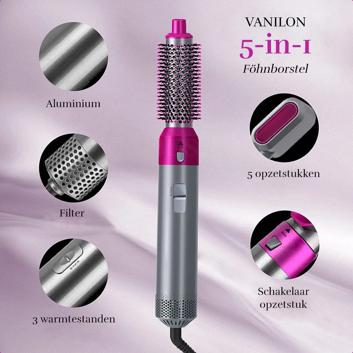 Vanilon Airwrap 5-in-1 Föhnborstel - Föhn, Stijltang En Krultang In één - 5 Opzetstukken - 1.000W - Afbeelding 7