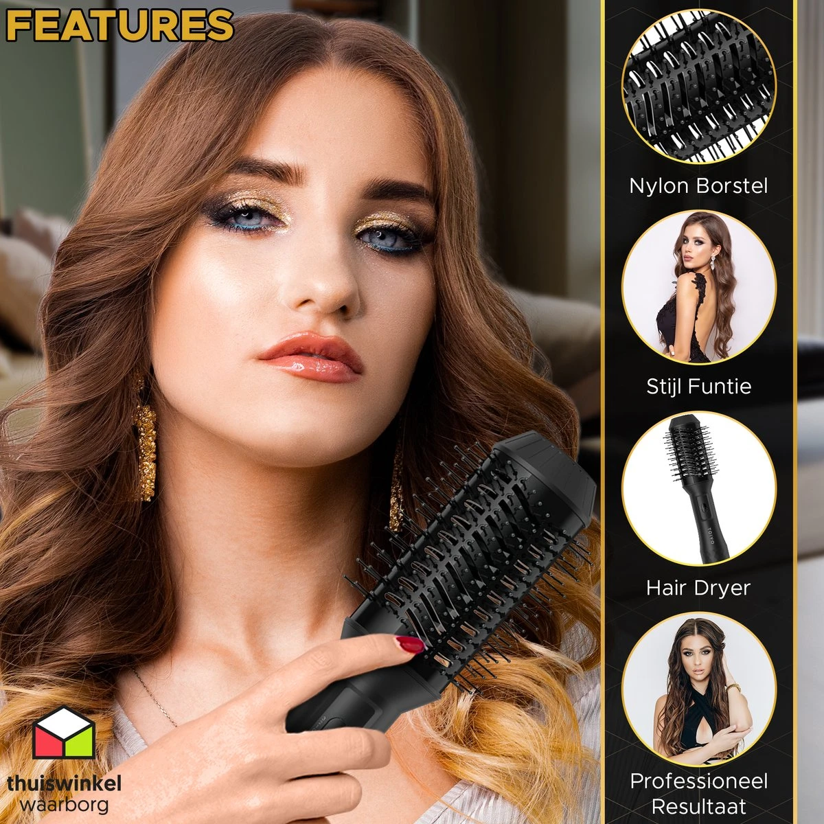 Toivo 3 In 1 Föhnborstel - Zwart - Extra Lange Snoer 2 Meter - Stijlborstel - Krulborstel - Magic Brush - Ronde Haar Borstel - Multistylers - Afbeelding 4