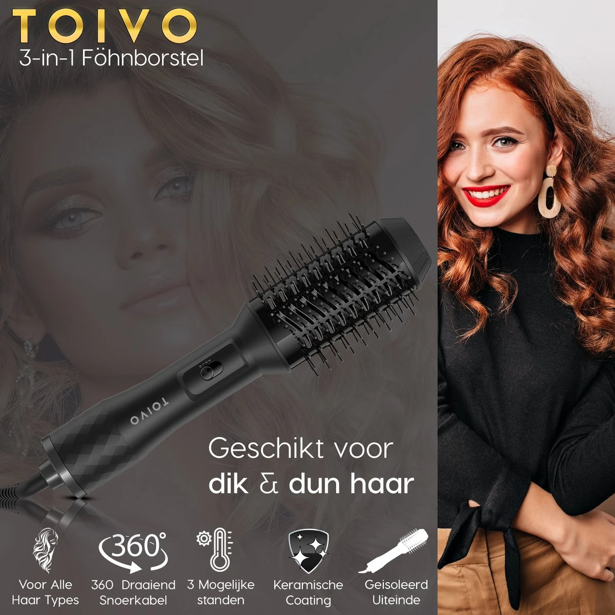 Toivo 3 In 1 Föhnborstel - Zwart - Extra Lange Snoer 2 Meter - Stijlborstel - Krulborstel - Magic Brush - Ronde Haar Borstel - Multistylers - Afbeelding 5