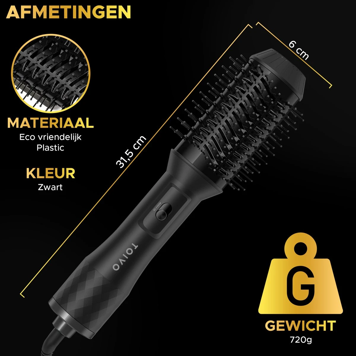 Toivo 3 In 1 Föhnborstel - Zwart - Extra Lange Snoer 2 Meter - Stijlborstel - Krulborstel - Magic Brush - Ronde Haar Borstel - Multistylers - Afbeelding 6