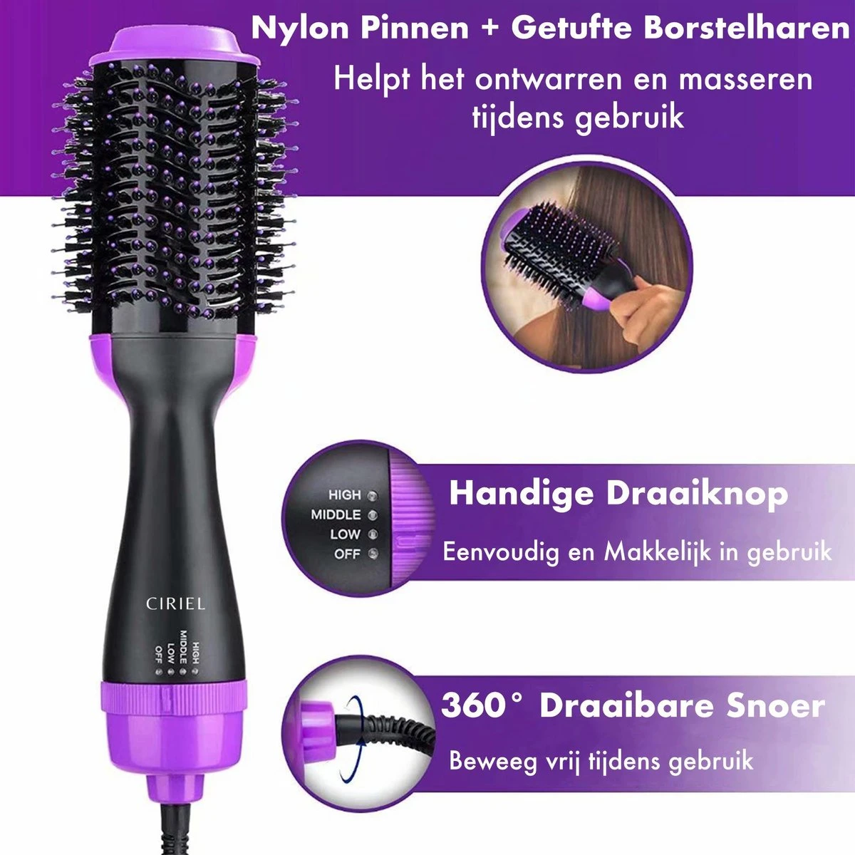 Ciriel CT31 Pro - Fohnborstel - Paars - Fohn - Haardroger - Krulborstel - Magic Brush - 4 In 1 - Krultang - Stijltang - Beauty - Borstel - Keramisch - Afbeelding 4