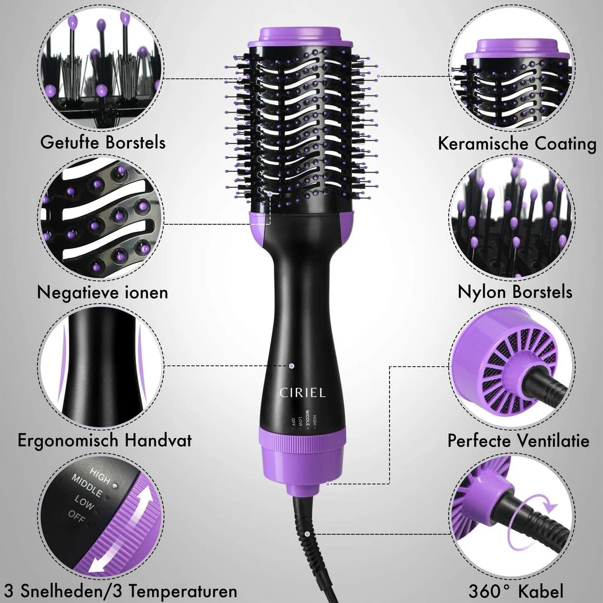 Ciriel CT31 Pro - Fohnborstel - Paars - Fohn - Haardroger - Krulborstel - Magic Brush - 4 In 1 - Krultang - Stijltang - Beauty - Borstel - Keramisch - Afbeelding 7