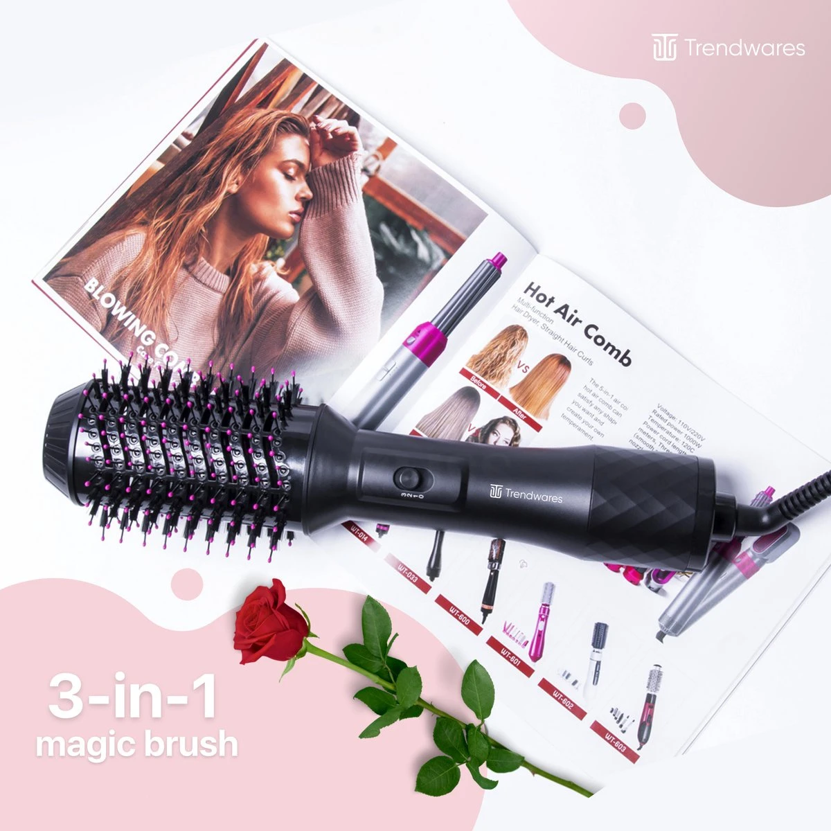Trendwares Föhnborstel 3 In 1 - Magic Brush Voor Krullen / Kort / Lang & Stijl Haar – Krulborstel - Föhn – Stijltang – Krultang – Föhnborstel Rond – Zwart/Roze 5 Trendwares Föhnborstel 3 In 1 - Magic Brush Voor Krullen / Kort / Lang & Stijl Haar – Krulborstel - Föhn – Stijltang – Krultang – Föhnborstel Rond – Zwart/Roze - Afbeelding 3