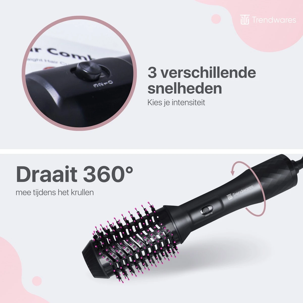 Trendwares Föhnborstel 3 In 1 - Magic Brush Voor Krullen / Kort / Lang & Stijl Haar – Krulborstel - Föhn – Stijltang – Krultang – Föhnborstel Rond – Zwart/Roze 7 Trendwares Föhnborstel 3 In 1 - Magic Brush Voor Krullen / Kort / Lang & Stijl Haar – Krulborstel - Föhn – Stijltang – Krultang – Föhnborstel Rond – Zwart/Roze - Afbeelding 5