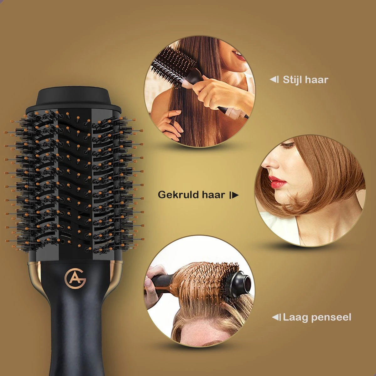 AG110 Luxe 3-in-1 Fohnborstel - Goud - Keramische Fohnborstels - Inclusief Travelbag, 12 Kleefrollen & 12 Haarclips - Ronde Borstel - 1000w - Krulborstel - Magic Brush - Lang/Kort/Stijl/Krullen Zwart 4 AG110 Luxe 3-in-1 Fohnborstel - Goud - Keramische Fohnborstels - Inclusief Travelbag, 12 Kleefrollen & 12 Haarclips - Ronde Borstel - 1000w - Krulborstel - Magic Brush - Lang/Kort/Stijl/Krullen Zwart - Afbeelding 2