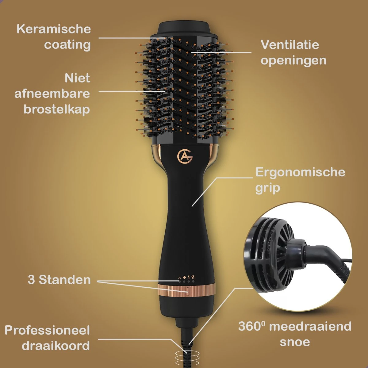AG110 Luxe 3-in-1 Fohnborstel - Goud - Keramische Fohnborstels - Inclusief Travelbag, 12 Kleefrollen & 12 Haarclips - Ronde Borstel - 1000w - Krulborstel - Magic Brush - Lang/Kort/Stijl/Krullen Zwart 10 AG110 Luxe 3-in-1 Fohnborstel - Goud - Keramische Fohnborstels - Inclusief Travelbag, 12 Kleefrollen & 12 Haarclips - Ronde Borstel - 1000w - Krulborstel - Magic Brush - Lang/Kort/Stijl/Krullen Zwart - Afbeelding 8