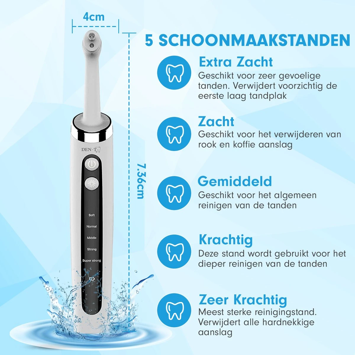 DEN-T® PRO P350 Elektrische Tandenpolijster - Wit - 5 Standen - 5 Opzetstukken - Polijstmachine - Polijstset - Tanden Polijsten - - Afbeelding 2
