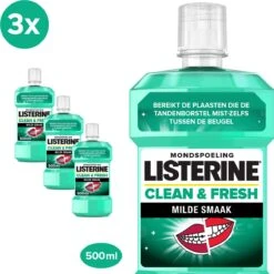 LISTERINE Clean & Fresh, Mondwater Met Essentiële Oliën En Fluoride, Zonder Alcohol, Bereikt De Plaatsen Die De Tandenborstel Mist – Zelfs Tussen De Beugel, 3 X 500 Ml