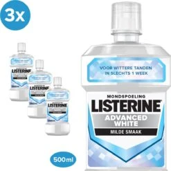 LISTERINE Advanced White Milde Smaak, Mondspoeling, Verwijdert Sterke Verkleuring Voor Wittere Tanden In Slechts 1 Week, 3x 500 Ml