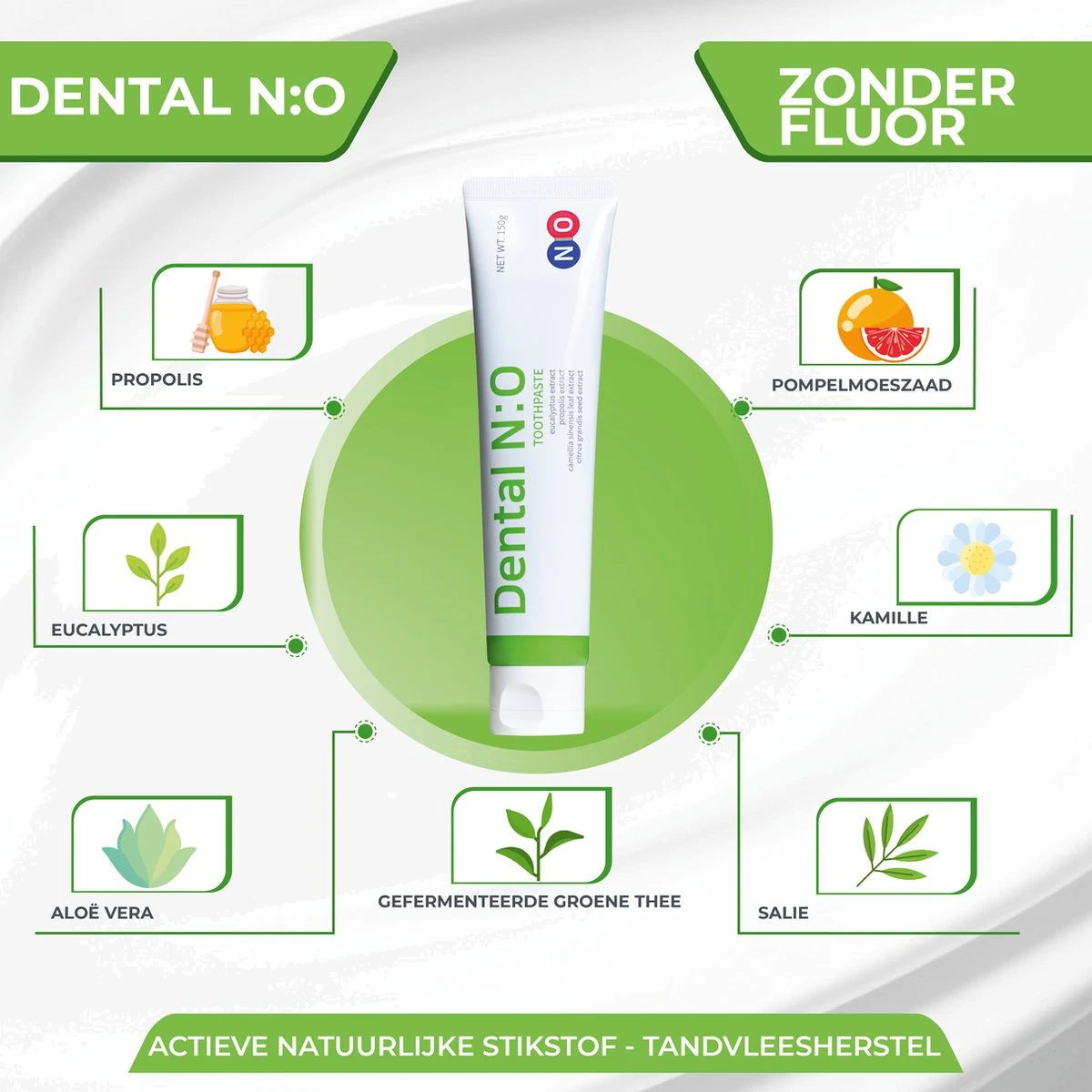 Dental N:O™ - 2x XL 150mL - Tandvlees Herstel Tandpasta - Groene Thee , Propolis , Eucalyptus, Aloe Vera & Meer - Tandvleesontsteking - Zonder Fluoride - Voordeelverpakking Tandpasta - KOMBUCHA - Afbeelding 3
