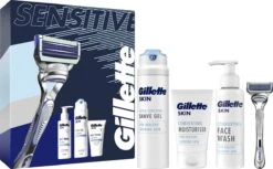 Gillette® Gillette Geschenkset SkinGuard Sensitive - Scheersysteem Voor Mannen + SkinGuard Scheergel 200ml + Hydraterende Crème 100ml + Gezichtsreiniger 140ml