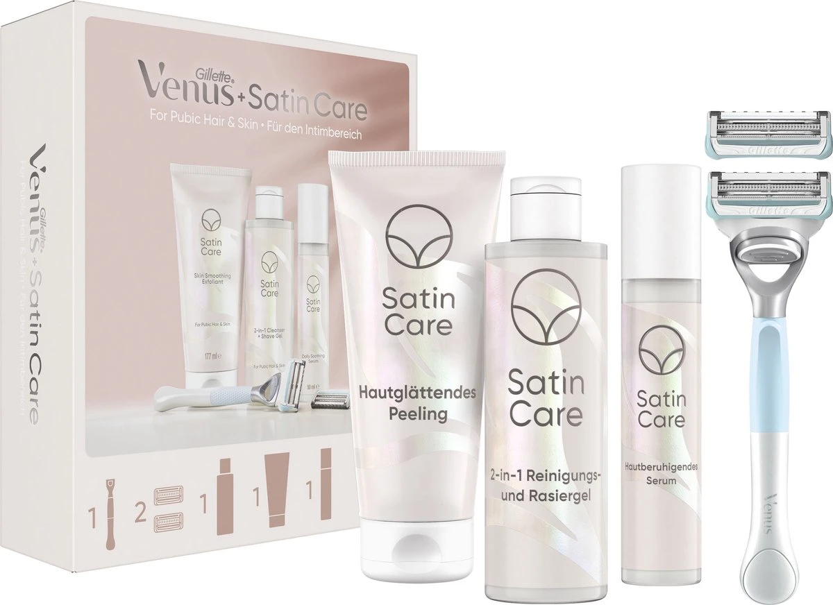 Giftpack Venus Satin Care - Scheersysteem + 2 Navulmesjes + 2-in-1 Reiniger + Scheergel 190ml + Exfoliant 177ml + Verzachtend Serum 50ml