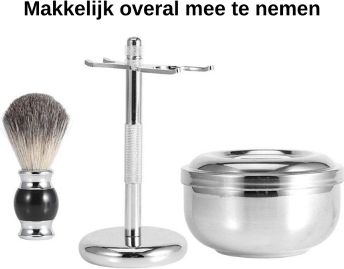 Complete Scheerset - Vaderdag Cadeau - RVS Scheerkom - Scheerkwast - Scheermeshouder - Badkamer Set - Scheerspullen - Afbeelding 2