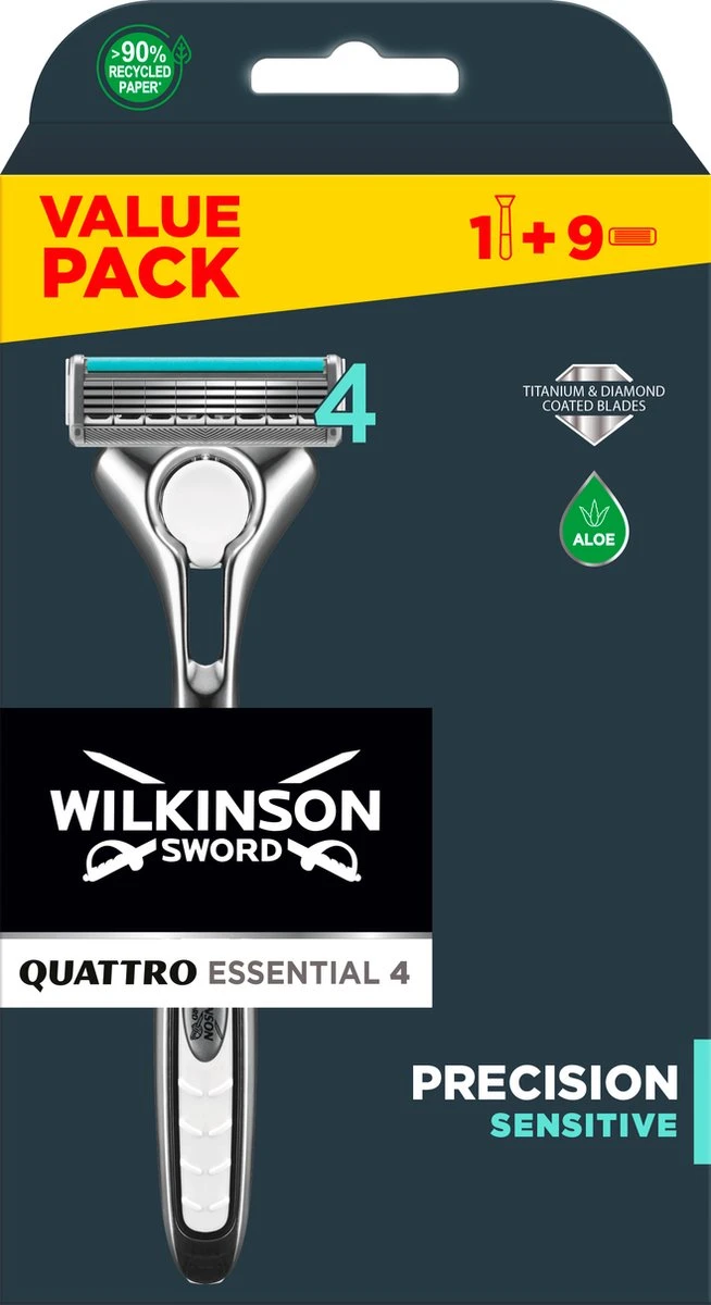Wilkinson Sword Quattro Titanium Sensitive Scheerapparaat + 9 Scheermessen 6 Wilkinson Sword Quattro Titanium Sensitive Scheerapparaat + 9 Scheermessen - Afbeelding 4