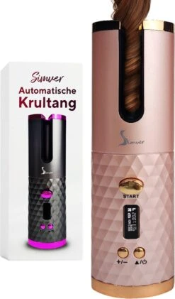 Simver Automatische Krultang Versie 2.0 (dec 2022) - Verbeterde Batterij - Draadloos - Krultangen -USB Oplaadbaar - LCD Display - Keramische Krulijzer - Roze - Cadeautip - Kerstcadeau