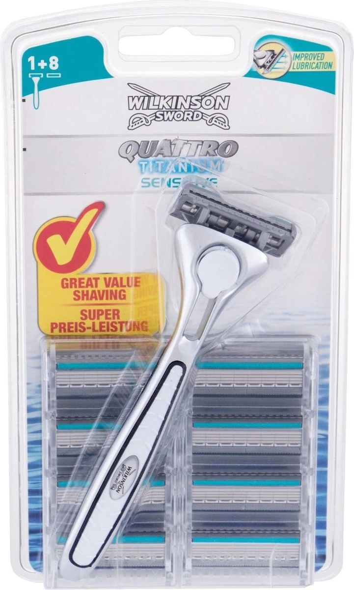 Wilkinson Sword Quattro Titanium Sensitive Scheerapparaat + 9 Scheermessen 3 Wilkinson Sword Quattro Titanium Sensitive Scheerapparaat + 9 Scheermessen