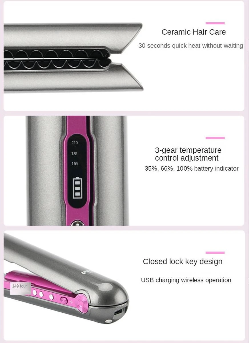 VENEUX® - Draadloze 2 In 1 Krultang En Stijltang - Grijs / Roze - Tiktok - Afbeelding 4