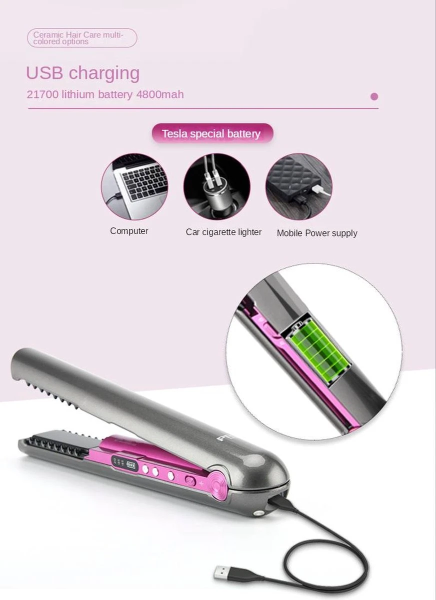 VENEUX® - Draadloze 2 In 1 Krultang En Stijltang - Grijs / Roze - Tiktok - Afbeelding 9