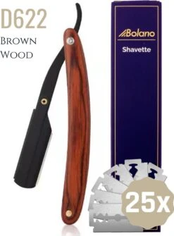 Bolano® Premium Shavette Open Scheermes Brown Wood + 50 Single Edge Scheermesjes - Klassiek Barbiersmes Straight Razor Voor Mannen - Cut Throat Razor Nekmes - Klassiek Klap Scheermes - Safety Razor Feather Mes