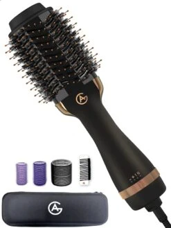 AG110 Luxe 3-in-1 Fohnborstel - Goud - Keramische Fohnborstels - Inclusief Travelbag, 12 Kleefrollen & 12 Haarclips - Ronde Borstel - 1000w - Krulborstel - Magic Brush - Lang/Kort/Stijl/Krullen Zwart